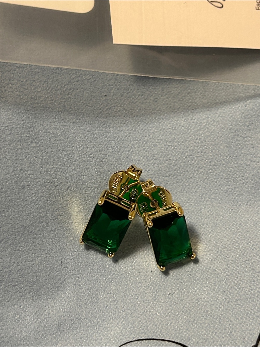 Rivka Friedman Gold-Plated Earrings with Deep Green Rectangular Stones